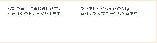 火災の備えは再取得価額で、必要な物をしっかり手当て。 つい忘れがちな家財の保障。家財があってこそのわが家です。