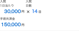 入院1日当たり30,000円×入院日数14日 手術共済金150,000円